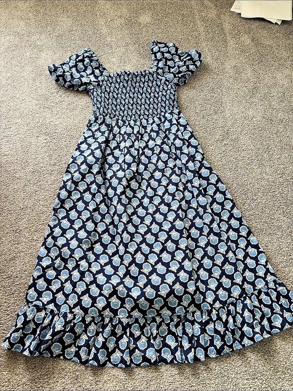 J.Crew Smocked Puff-Sleeve Midi Dress in Blue Floral Block Print Blue & White XS